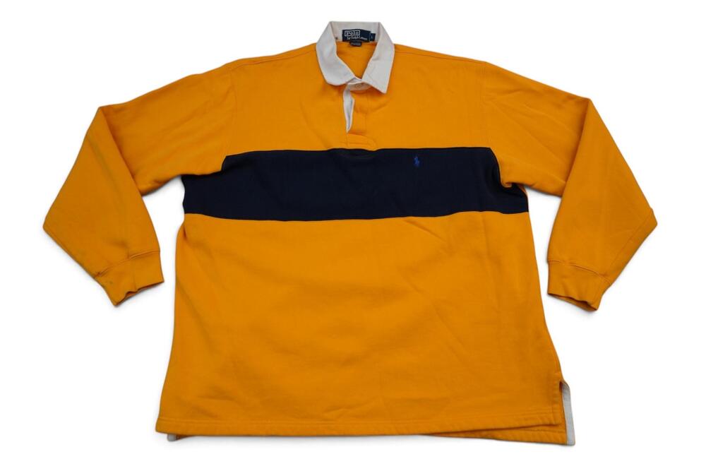Polo Ralph Lauren Rugby Polo Shirt Mens Large Yellow Navy Stripe Long Sleeve
